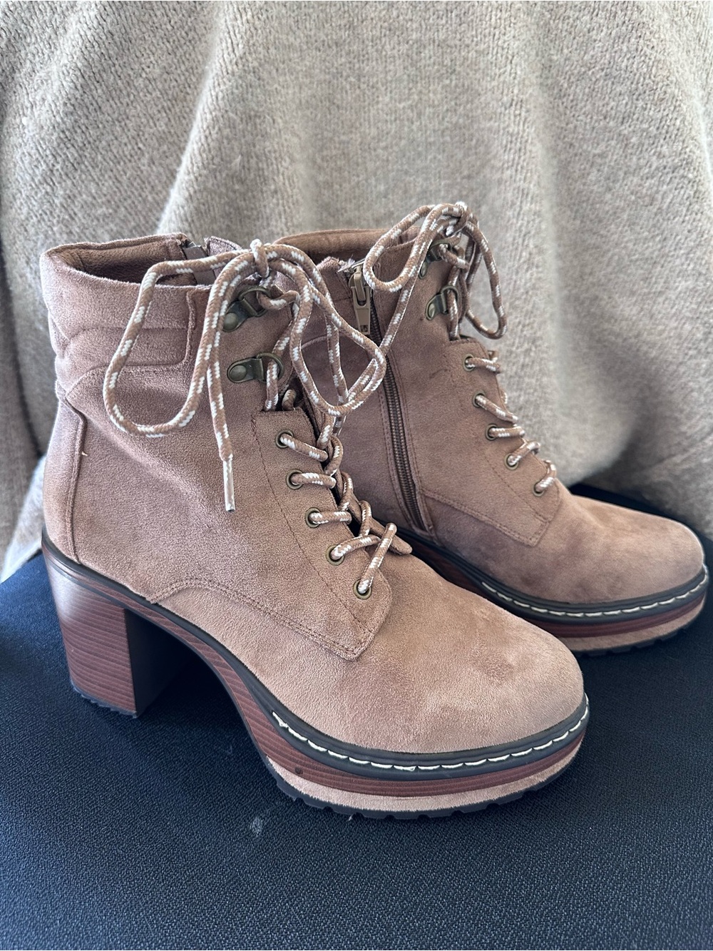 Altar’d State Taupe Suede Lace Up Platform Combat Boots Block Heel
